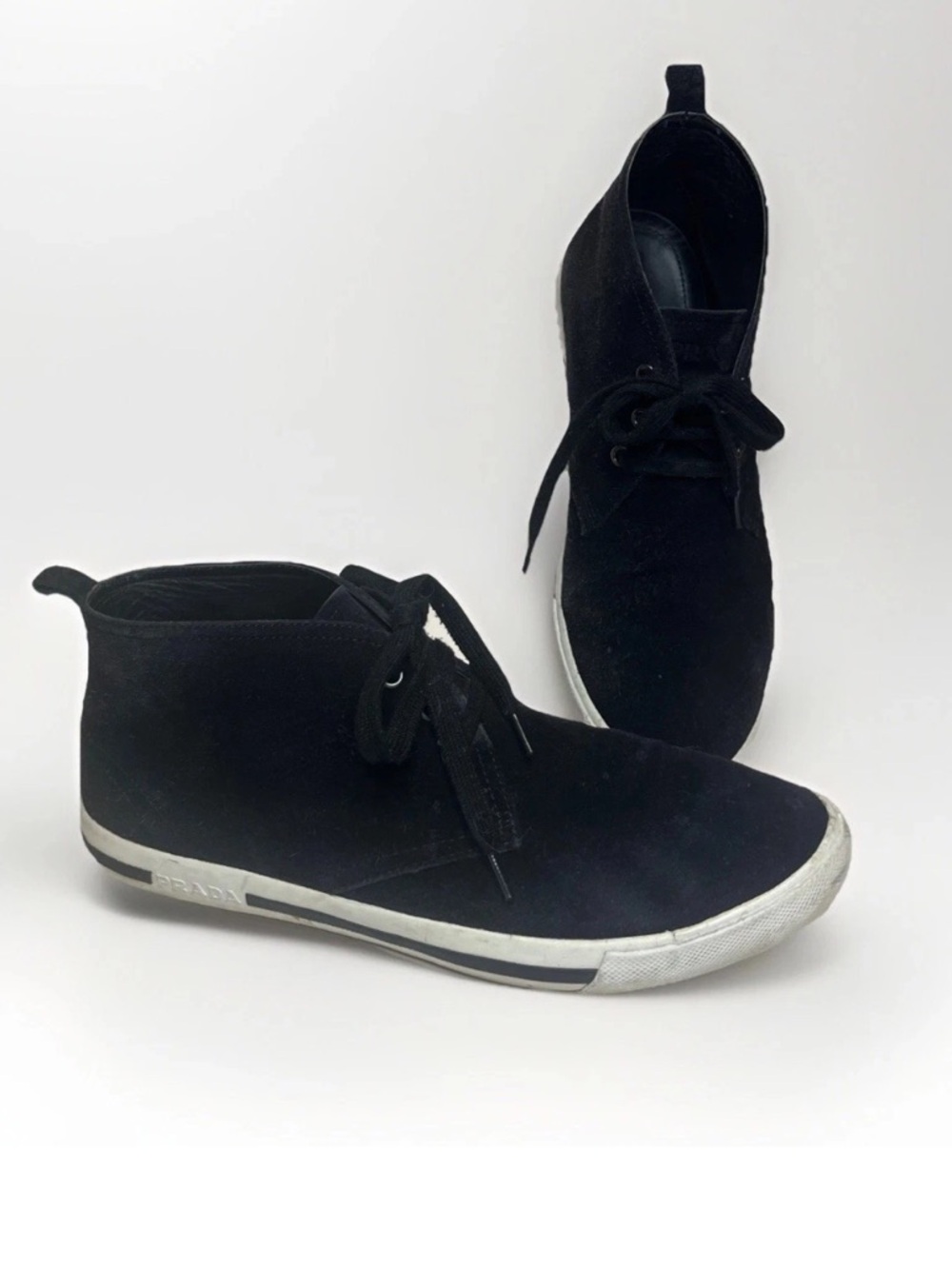 Prada Linea Rossa Sneaker Shoes Black Suede Leather Mens 9.5 US 42 EU Vintage